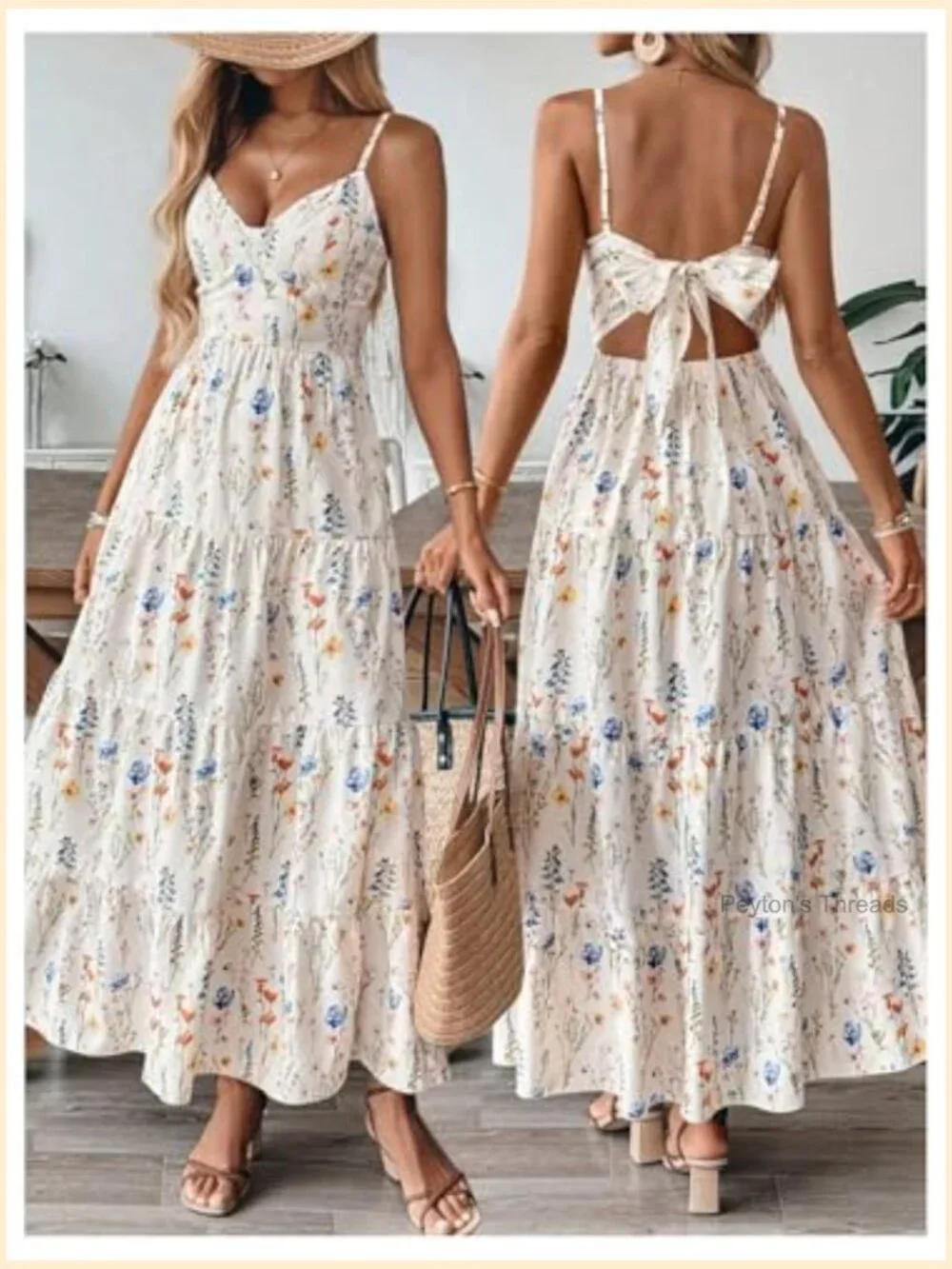 Floral Boho Maxi Dress Tiered Ruffle Spaghetti Strap Casual Summer Vacation - Picture 5 of 5